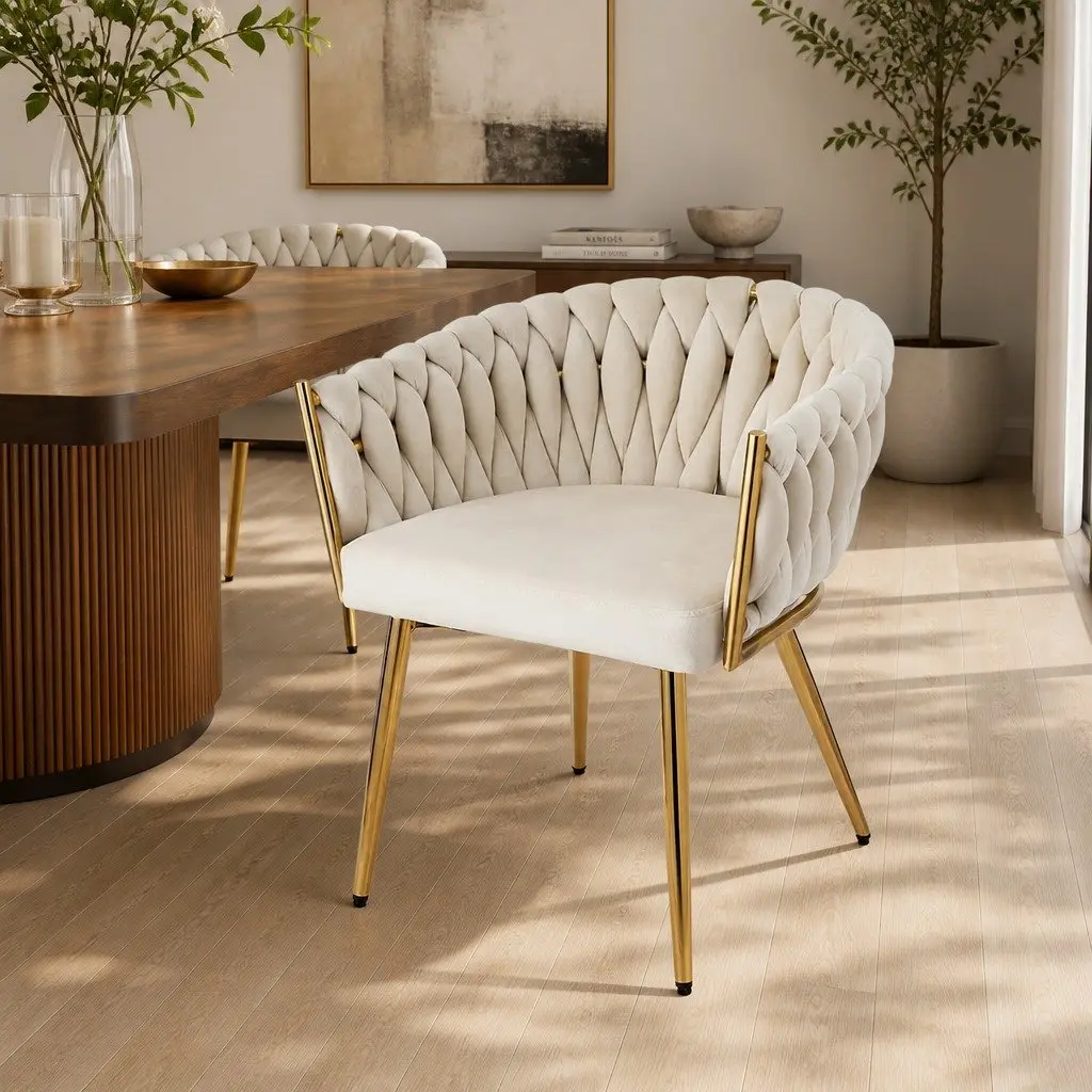 Dining Chair Velvet Beige Cushioned Backrest Armchair
