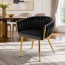 Black Velvet Hand-Woven Dining Chair with Armrests
