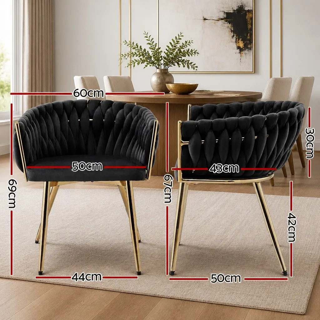 Dining Chair Armchair Black Velvet Hand-Woven 60cm W x 50cm D x 69cm H Metal
