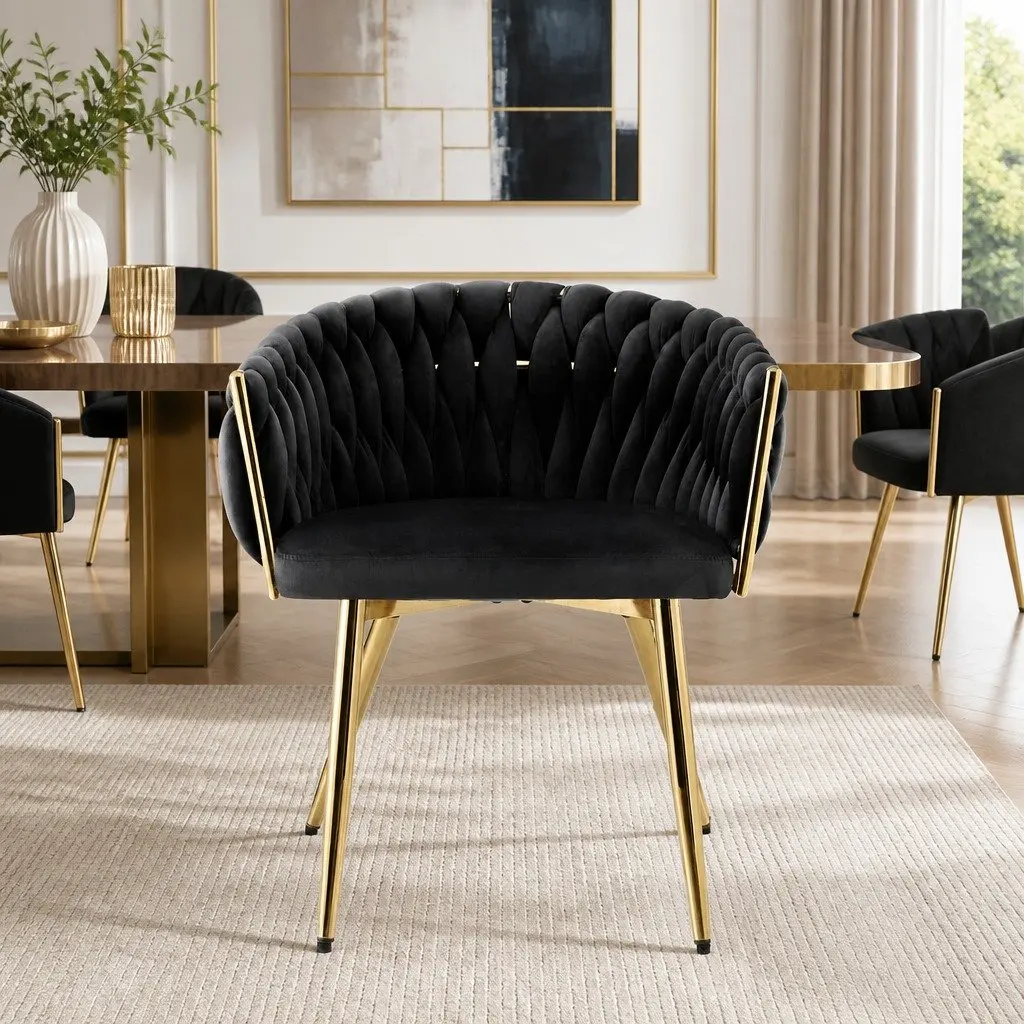 Dining Chair Armchair Black Velvet Hand-Woven 60cm W x 50cm D x 69cm H Metal