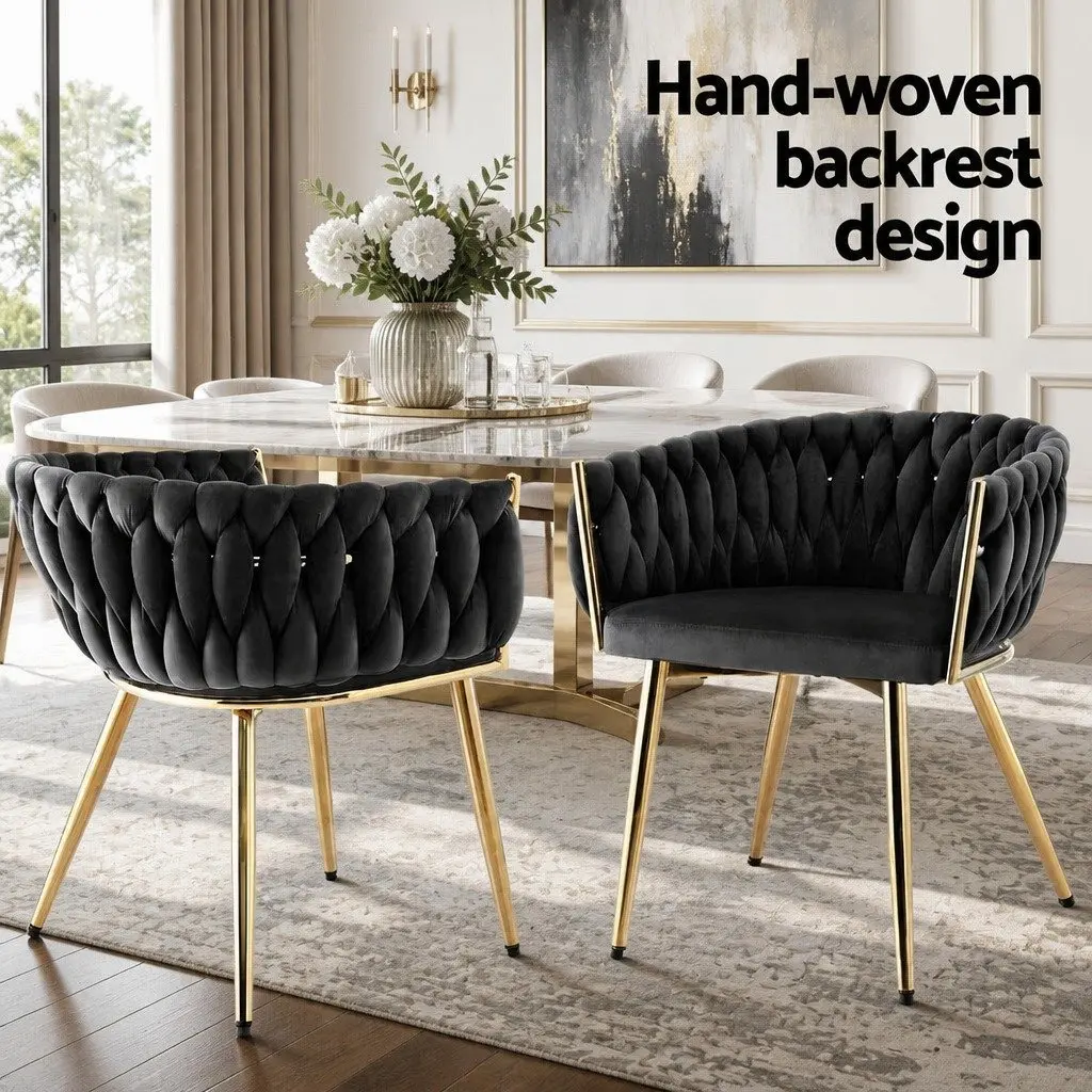 Dining Chair Armchair Black Velvet Hand-Woven 60cm W x 50cm D x 69cm H Metal