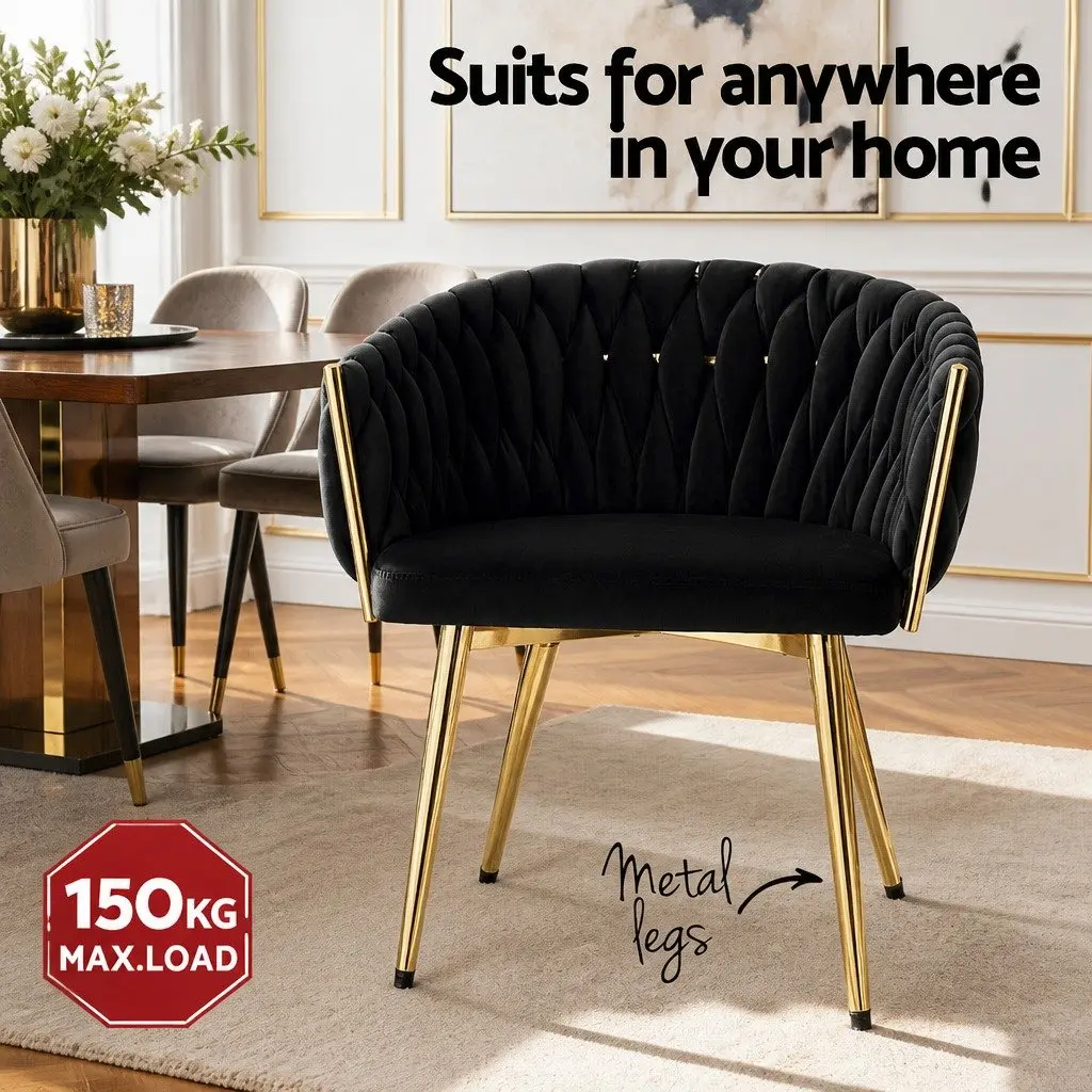 Dining Chair Armchair Black Velvet Hand-Woven 60cm W x 50cm D x 69cm H Metal