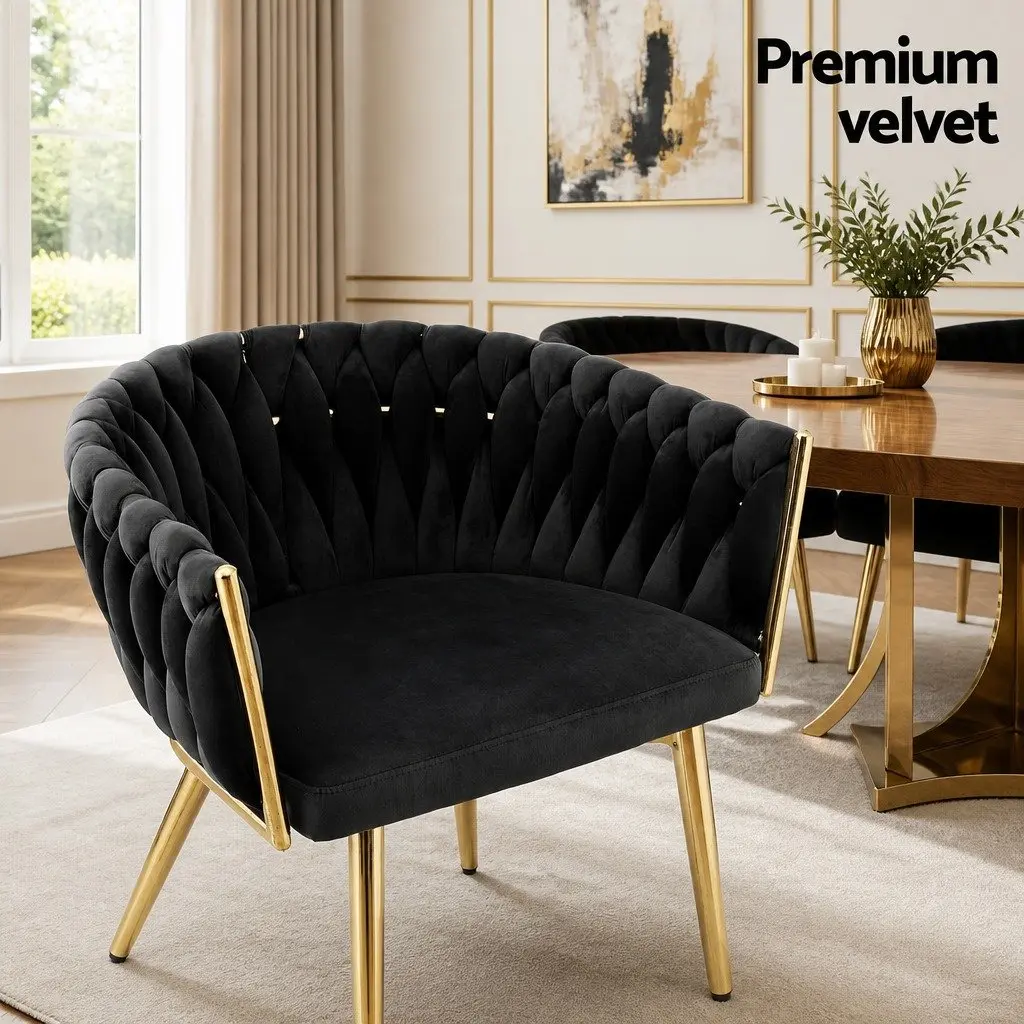 Dining Chair Armchair Black Velvet Hand-Woven 60cm W x 50cm D x 69cm H Metal