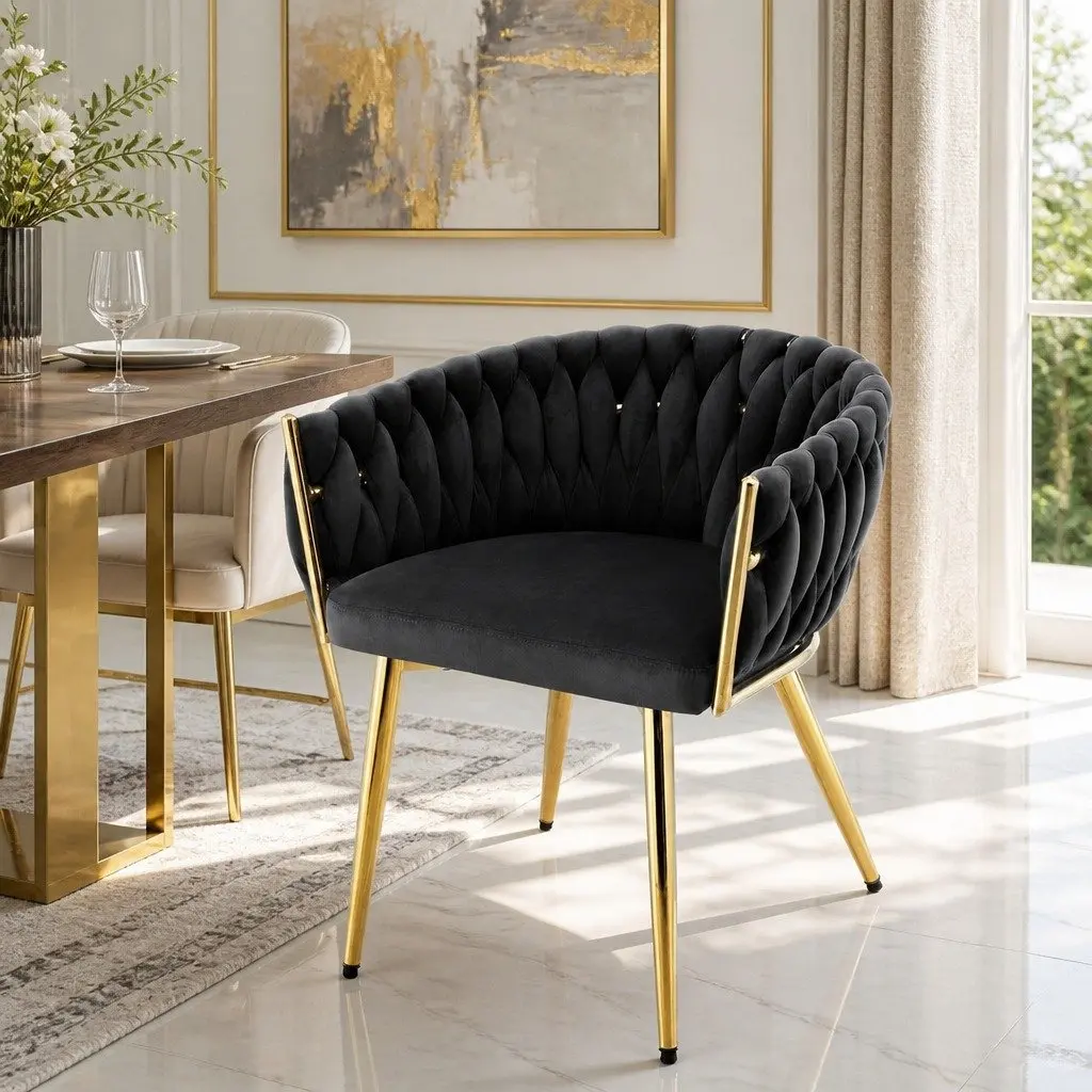 Dining Chair Armchair Black Velvet Hand-Woven 60cm W x 50cm D x 69cm H Metal
