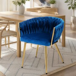 Velvet Upholstered Dining Armchair with Hand-Woven Backrest