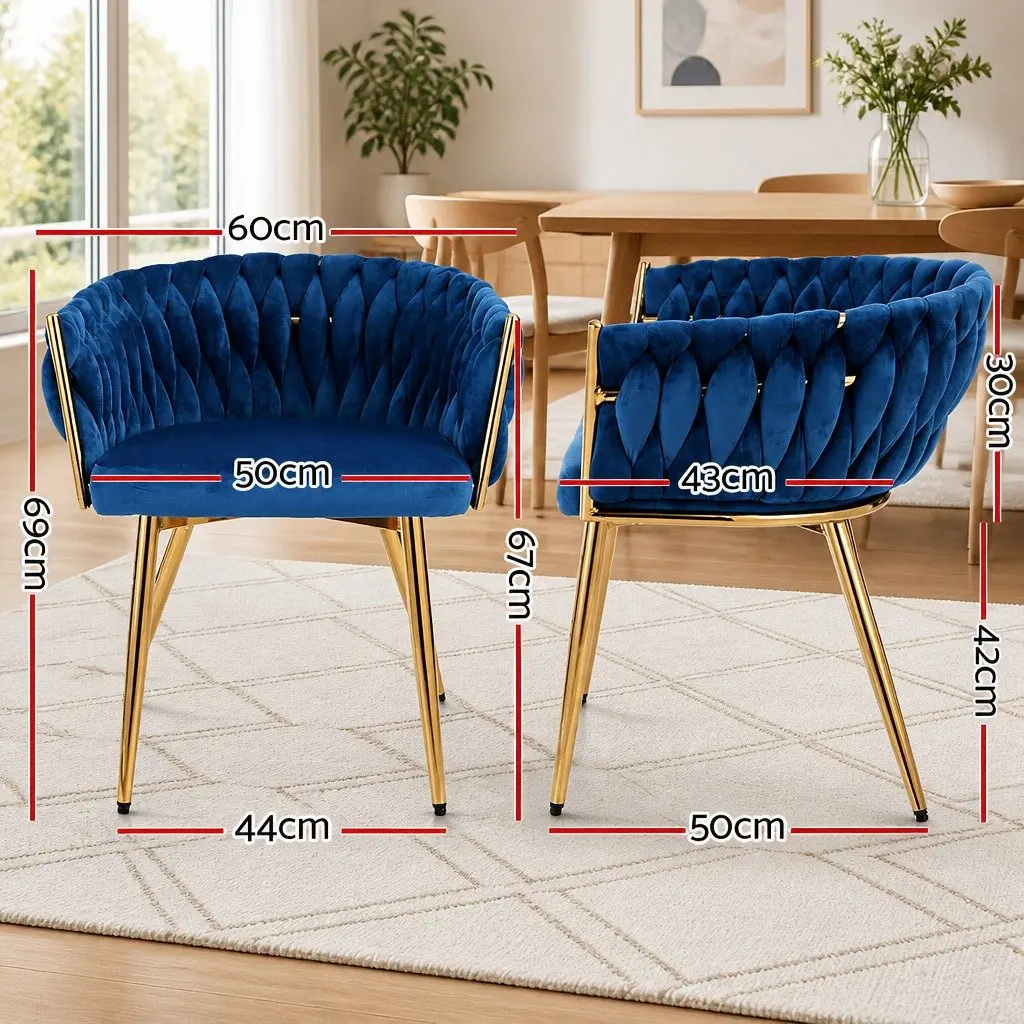 Dining Armchair Velvet Upholstered Hand-Woven Backrest 60cm W x 50cm D x 69cm H Rubber Wood Metal