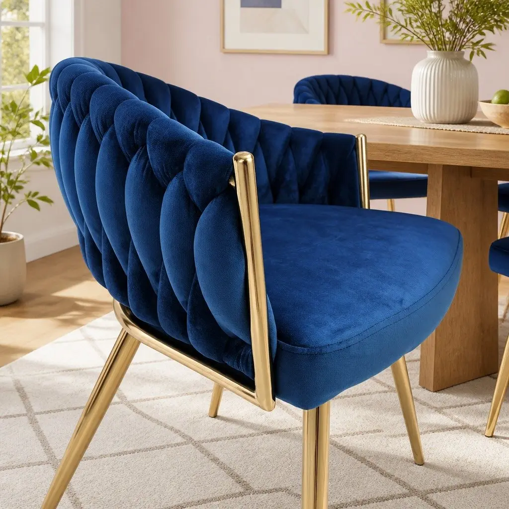 Dining Armchair Velvet Upholstered Hand-Woven Backrest 60cm W x 50cm D x 69cm H Rubber Wood Metal