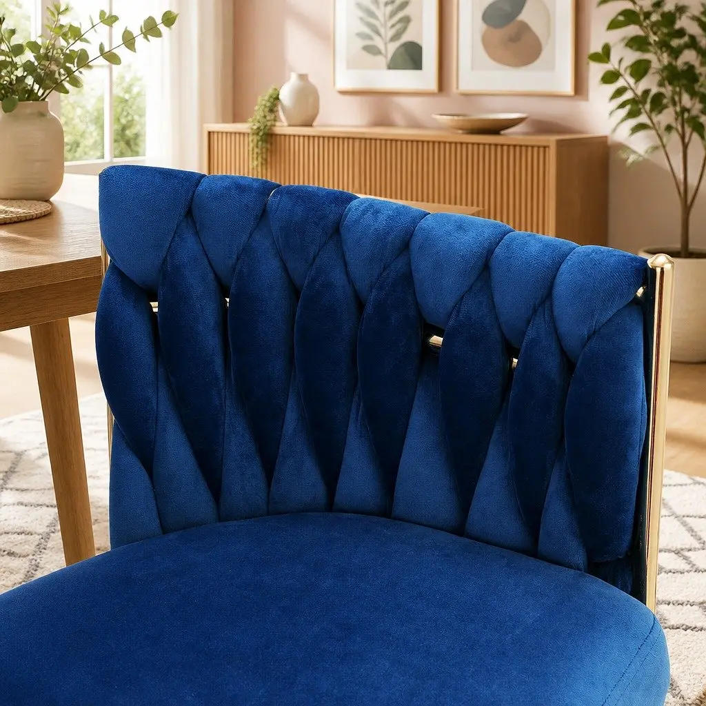 Dining Armchair Velvet Upholstered Hand-Woven Backrest 60cm W x 50cm D x 69cm H Rubber Wood Metal