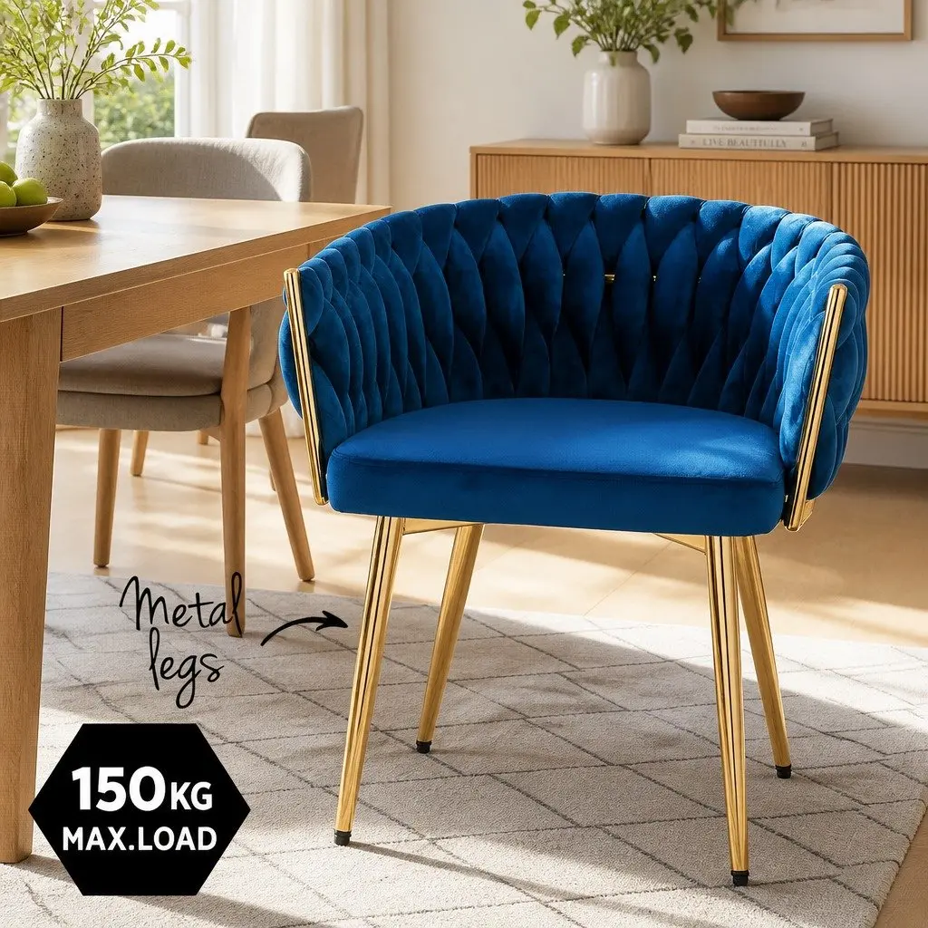 Dining Armchair Velvet Upholstered Hand-Woven Backrest 60cm W x 50cm D x 69cm H Rubber Wood Metal