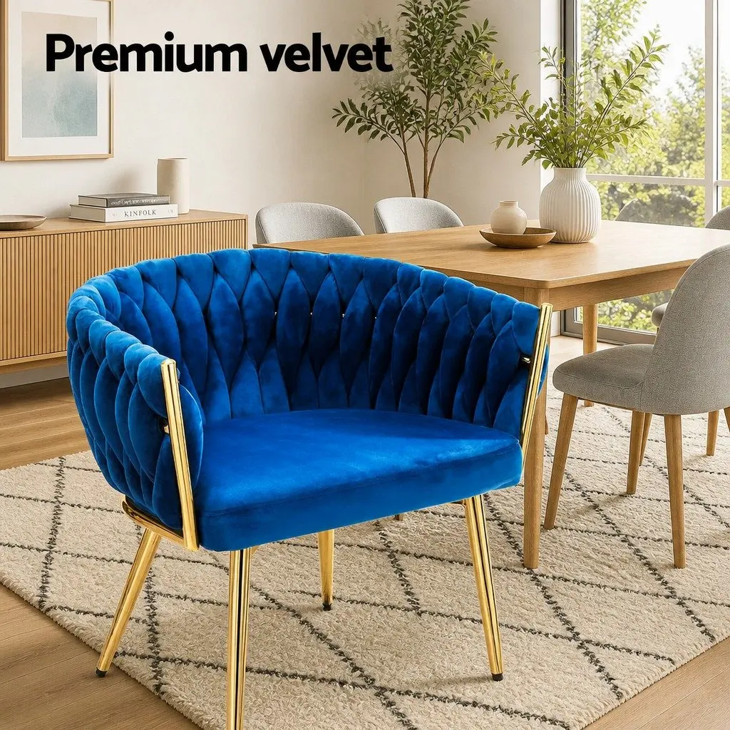 Dining Armchair Velvet Upholstered Hand-Woven Backrest 60cm W x 50cm D x 69cm H Rubber Wood Metal