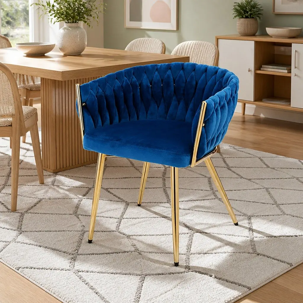 Dining Armchair Velvet Upholstered Hand-Woven Backrest 60cm W x 50cm D x 69cm H Rubber Wood Metal