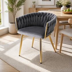 Velvet Dining Chair with Armrests and Hand-Woven Backrest