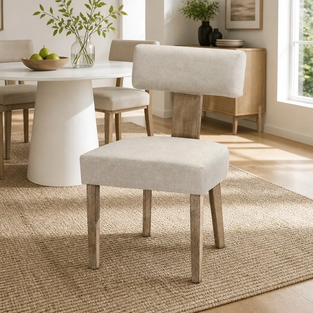 Set of 2 Beige Linen Dining Chairs with Wooden Frame