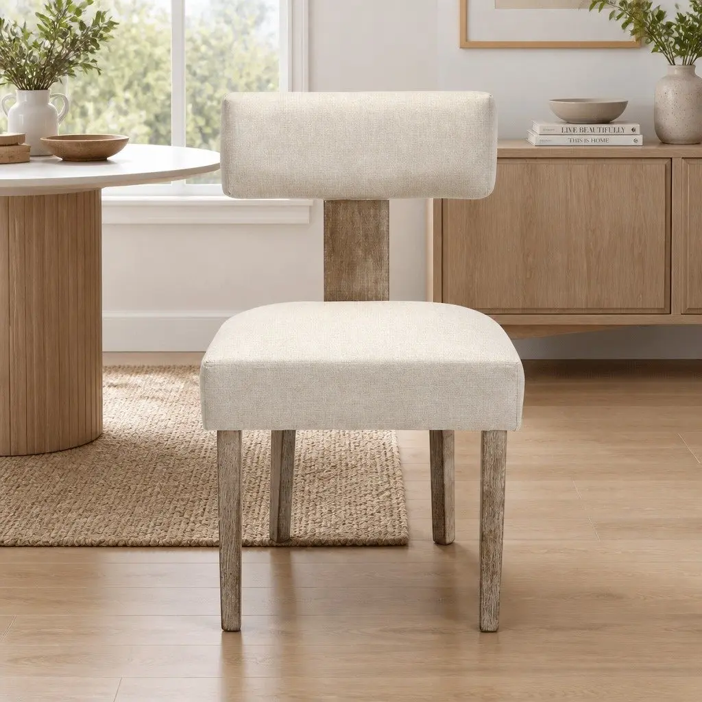 Set of 2 Beige Linen Dining Chairs with Wooden Frame