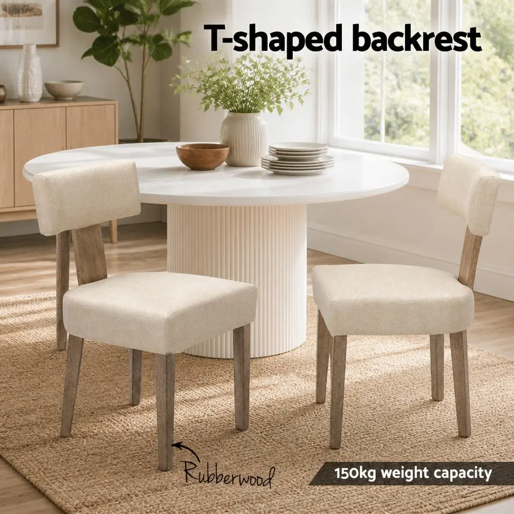 Set of 2 Beige Linen Dining Chairs with Wooden Frame