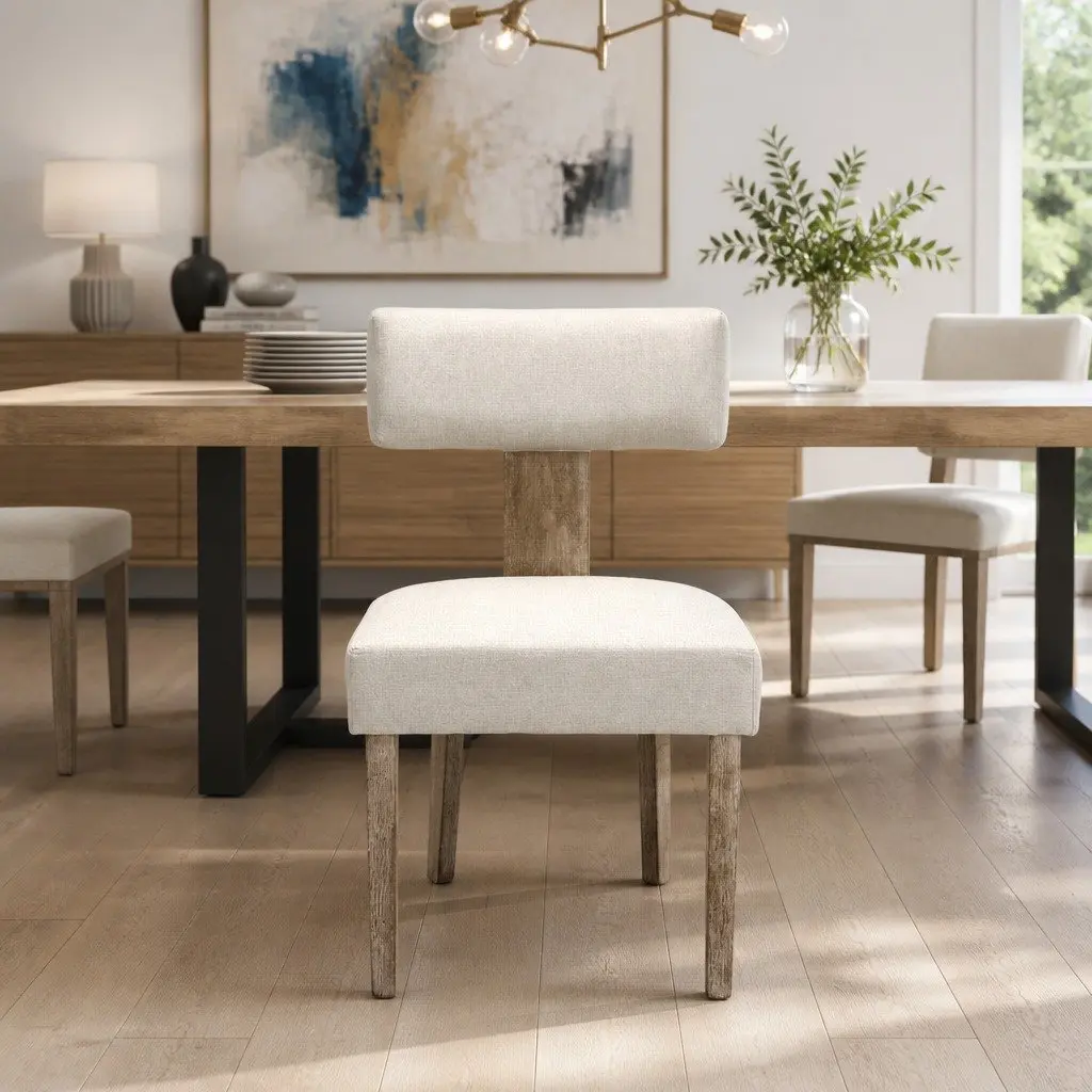 Dining Chairs Beige Linen Fabric 4 Piece Wooden Frame
