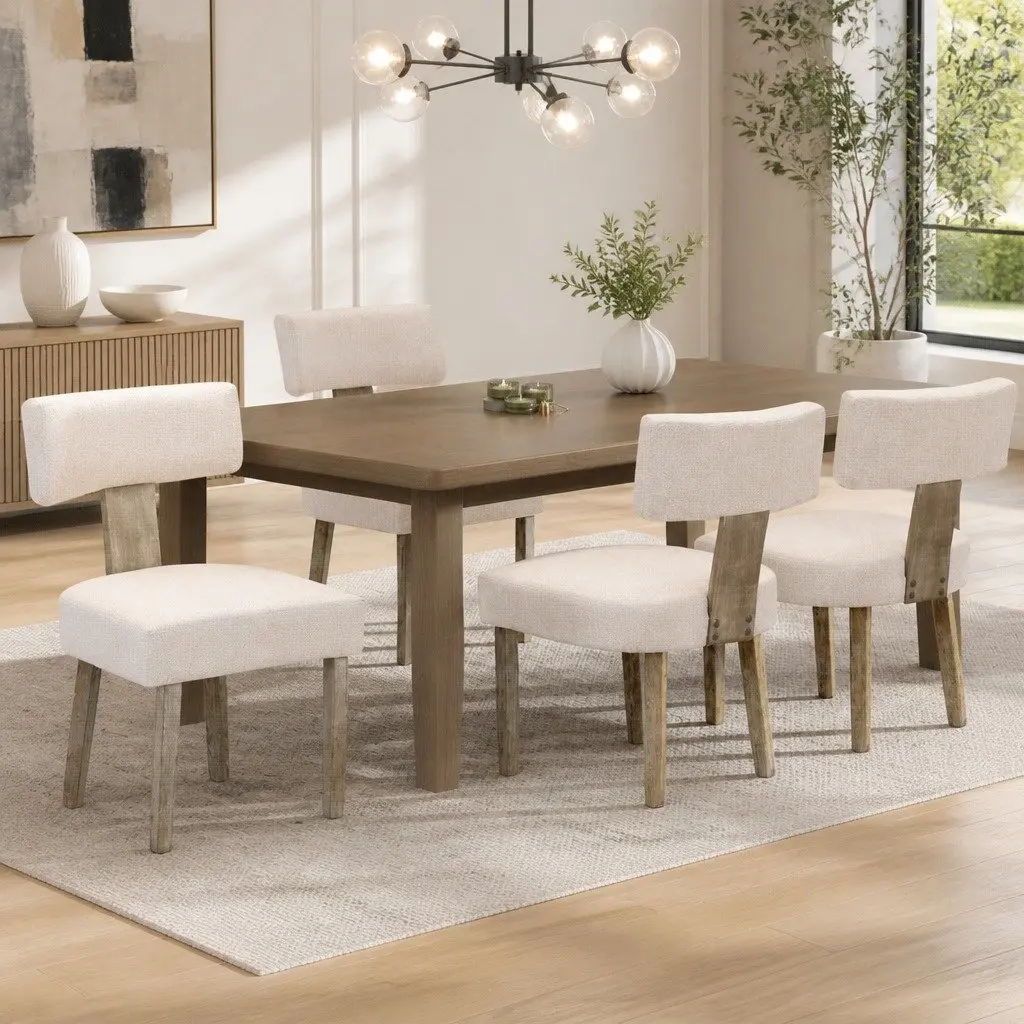 Dining Chairs Beige Linen Fabric 4 Piece Wooden Frame