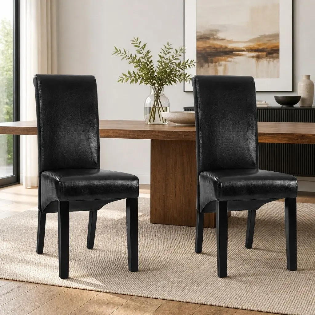 Dining Chairs Parsons Style Upholstered Black PU Leather 54cm W x 56cm D x 102cm H Pinewood Frame