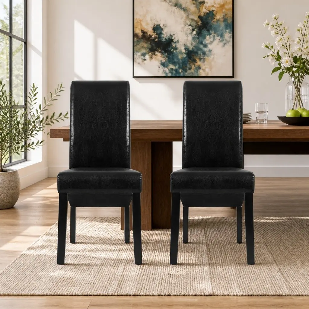 Dining Chairs Parsons Style Upholstered Black PU Leather 54cm W x 56cm D x 102cm H Pinewood Frame
