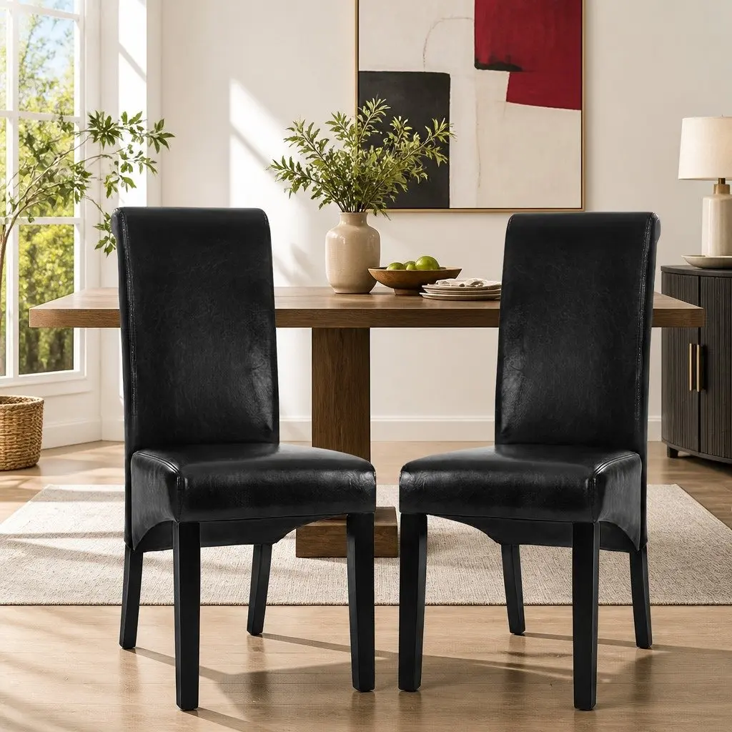 Dining Chairs Parsons Style Upholstered Black PU Leather 54cm W x 56cm D x 102cm H Pinewood Frame