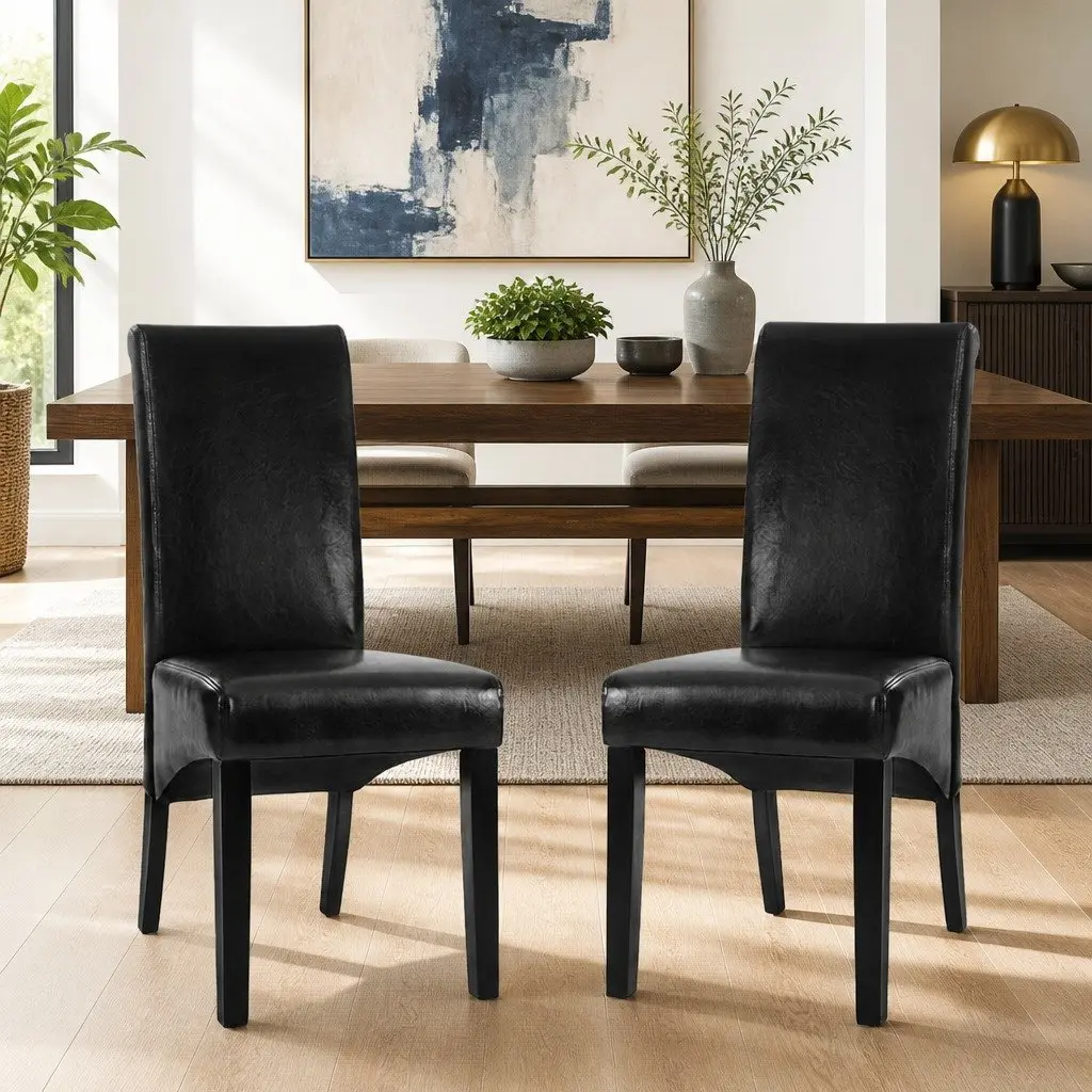 Dining Chairs Parsons Style Upholstered Black PU Leather 54cm W x 56cm D x 102cm H Pinewood Frame