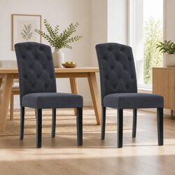 Set of 2 Dark Grey Tufted Linen Dining Chairs