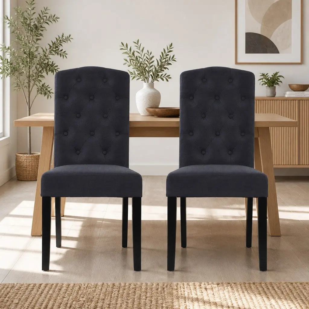 Set of 2 Dark Grey Tufted Linen Dining Chairs