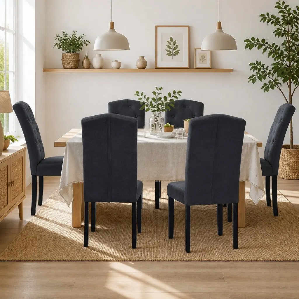 Set of 2 Dark Grey Tufted Linen Dining Chairs