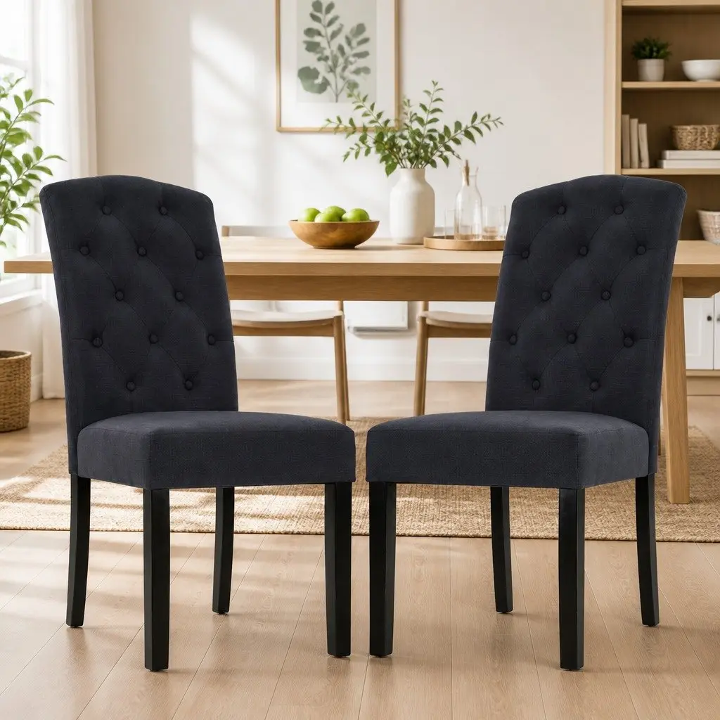 Set of 2 Dark Grey Tufted Linen Dining Chairs