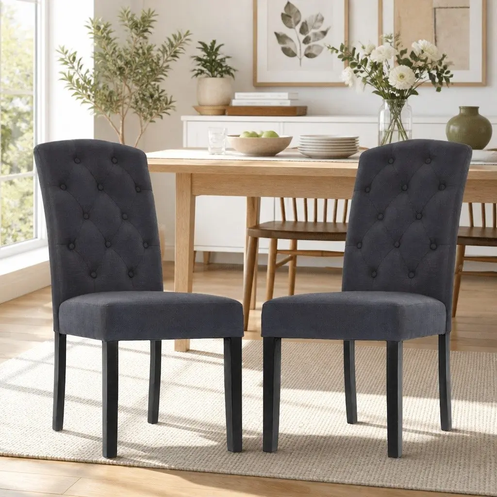 Set of 2 Dark Grey Tufted Linen Dining Chairs