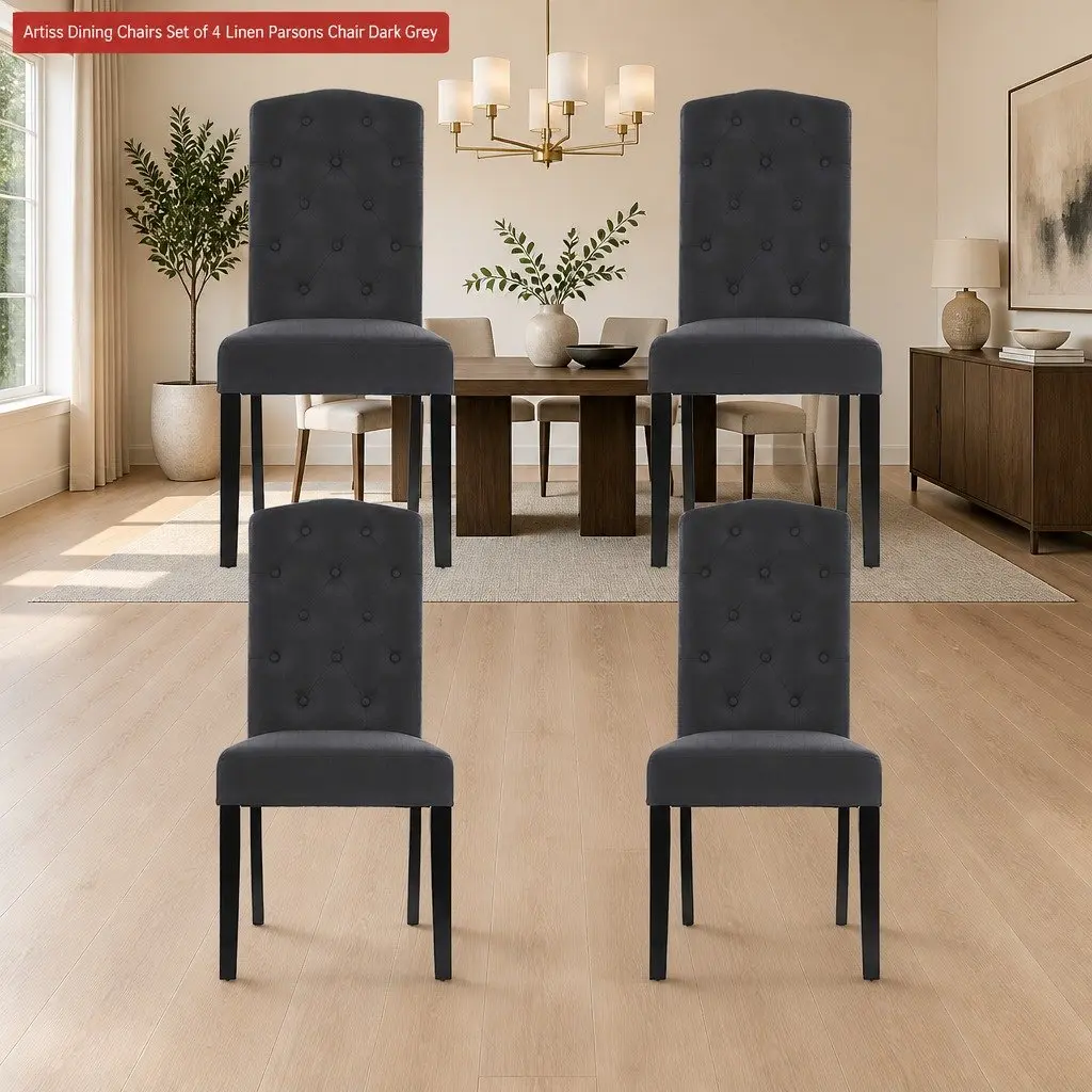 Dining Chairs Set of 4 Grey Linen Parsons Kitchen Furniture Tufted Design