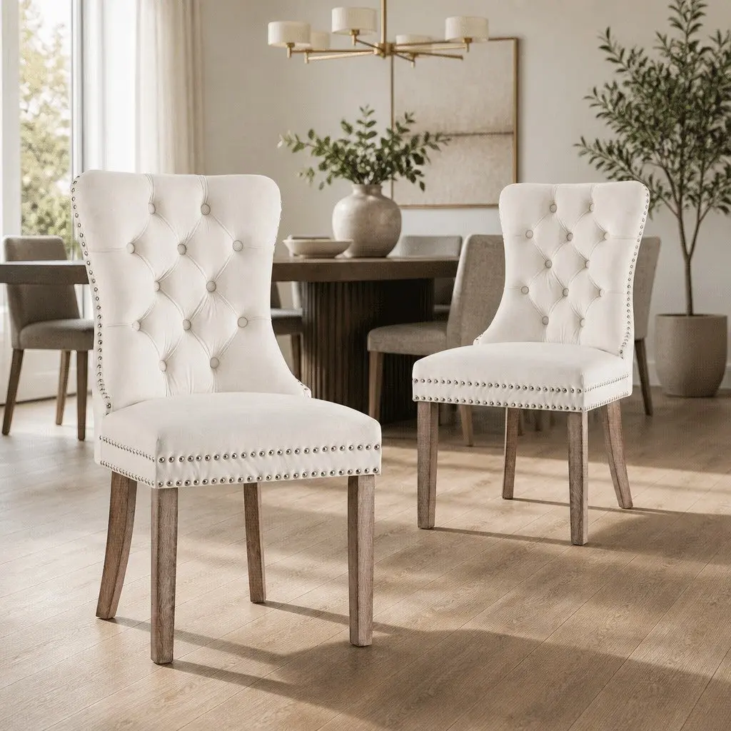 Set of 2 Beige Velvet Dining Chairs with Button Tufting