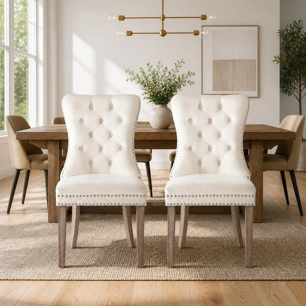 Set of 2 Beige Velvet Dining Chairs with Button Tufting