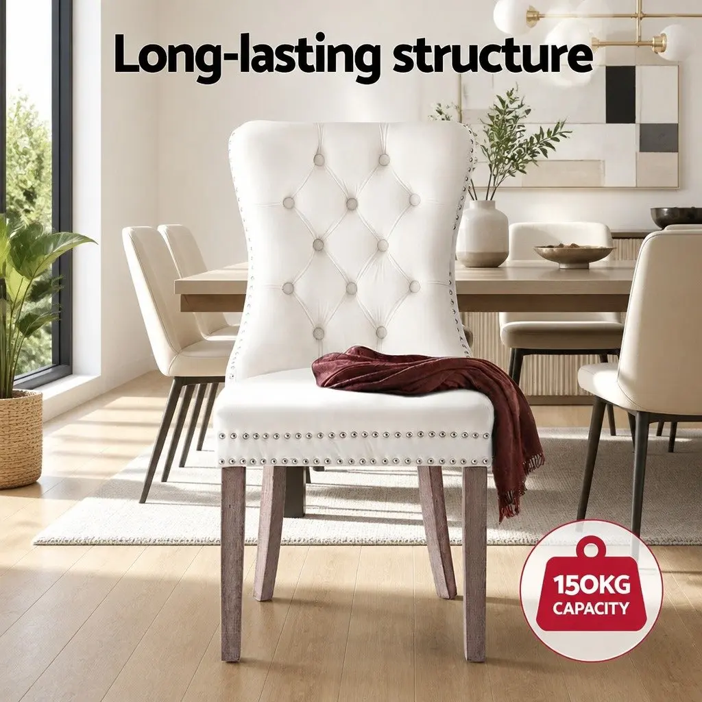 Set of 2 Beige Velvet Dining Chairs with Button Tufting