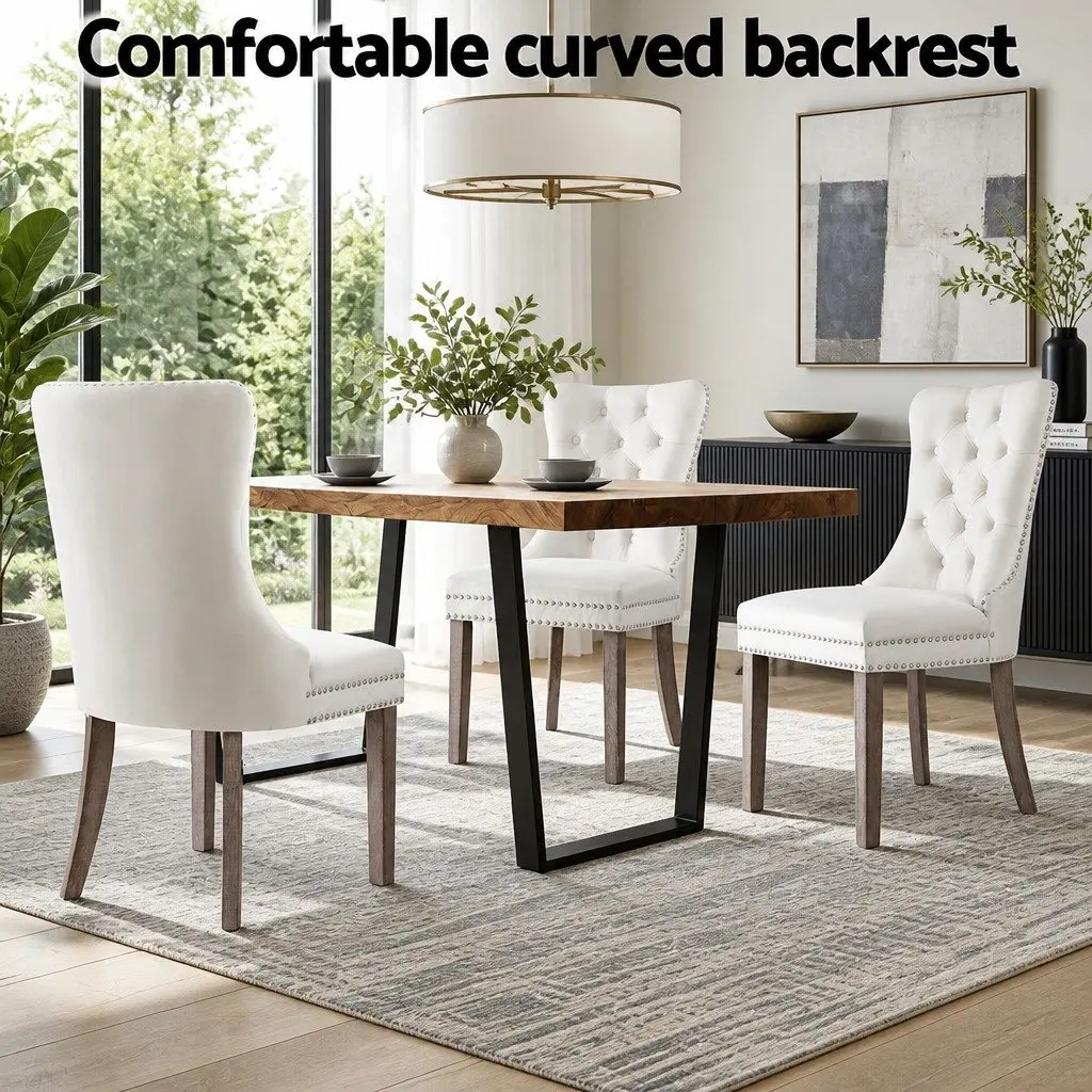 Set of 2 Beige Velvet Dining Chairs with Button Tufting