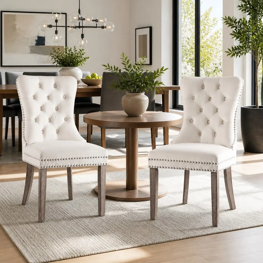 Set of 2 Beige Velvet Dining Chairs with Button Tufting