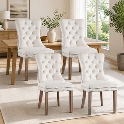 Set of 4 Beige Velvet Dining Chairs with Button Tufts