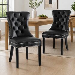 Set of 2 Black Leather Tufted Dining Chairs