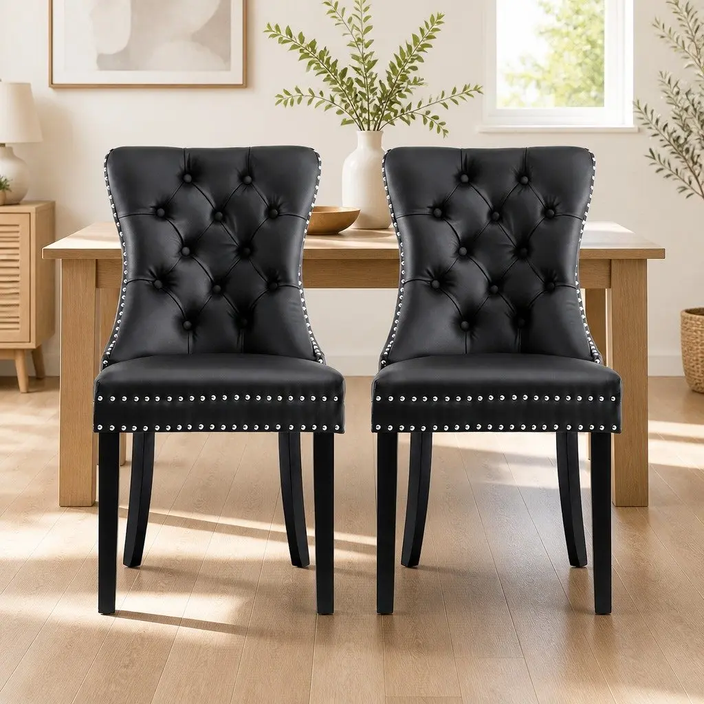 Set of 2 Black Leather Tufted Dining Chairs