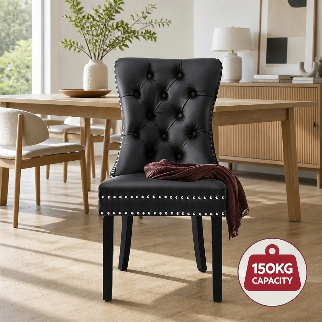 Set of 2 Black Leather Tufted Dining Chairs