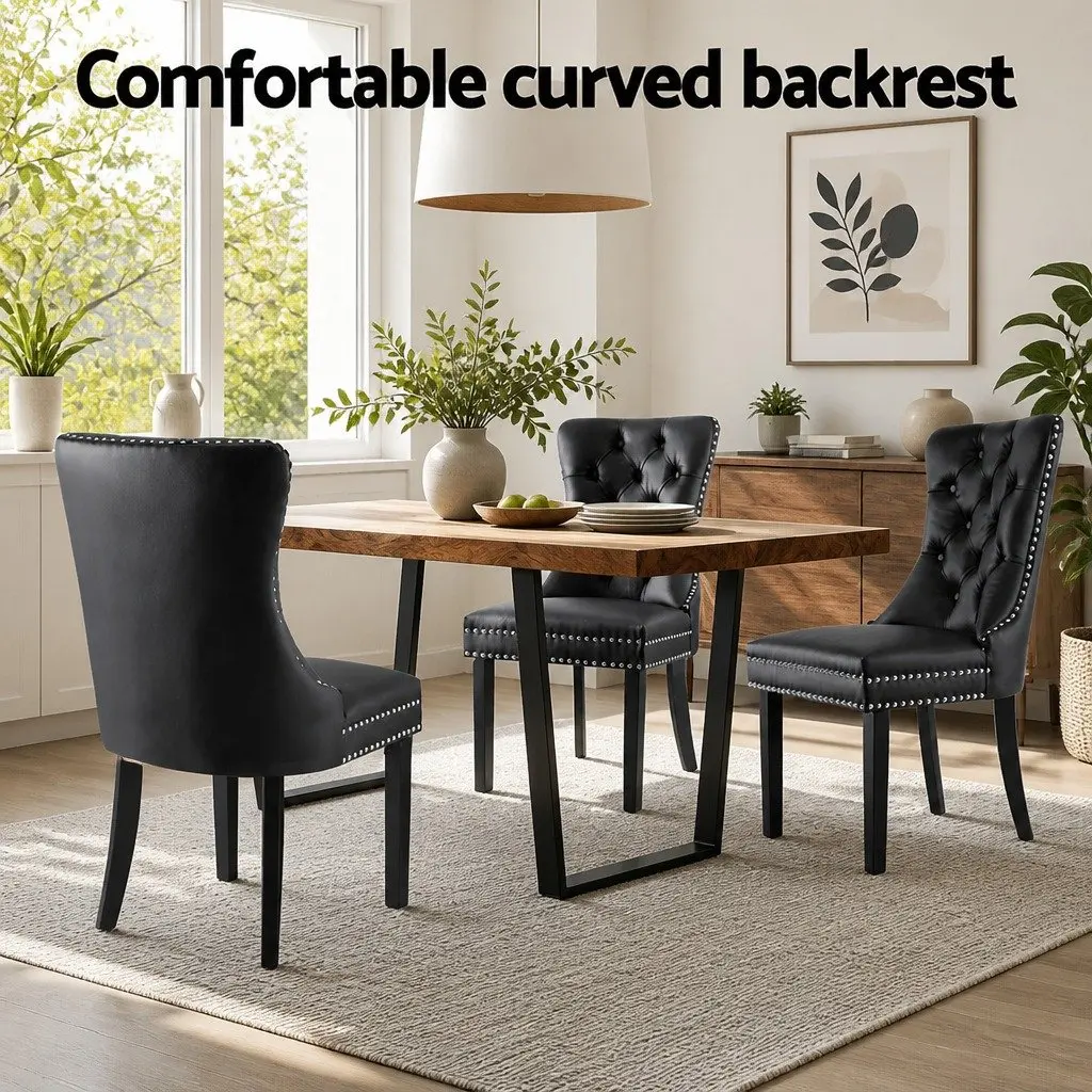 Set of 2 Black Leather Tufted Dining Chairs