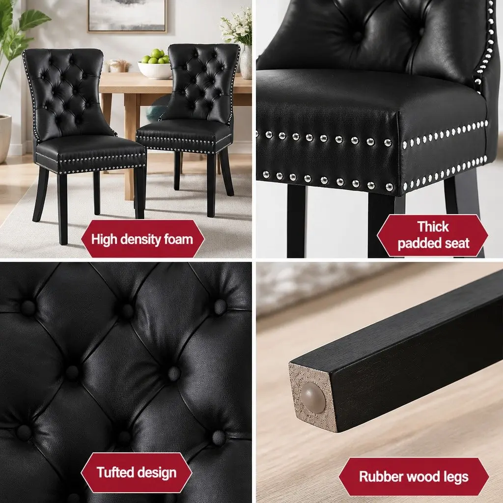 Set of 2 Black Leather Tufted Dining Chairs