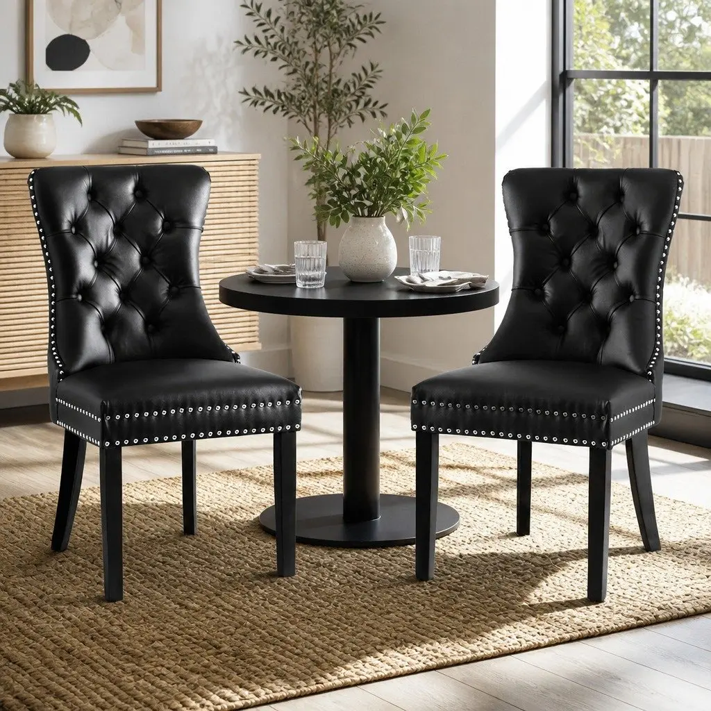 Set of 2 Black Leather Tufted Dining Chairs