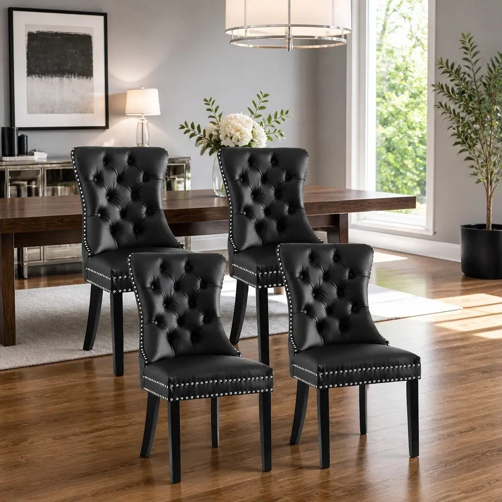 Set of 4 Black PU Leather Dining Chairs with Button Tufting
