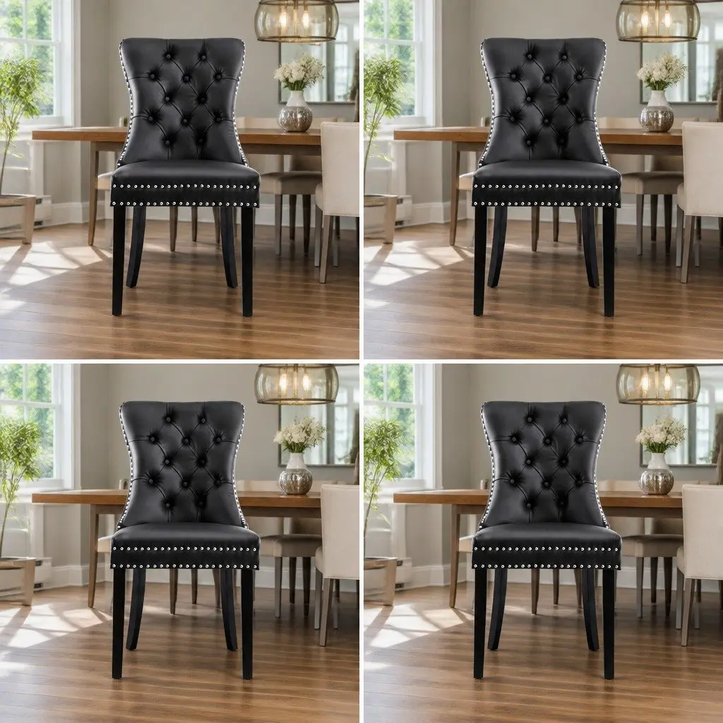 Dining Chairs Black PU Leather Button Tufted 4 Piece Rubberwood