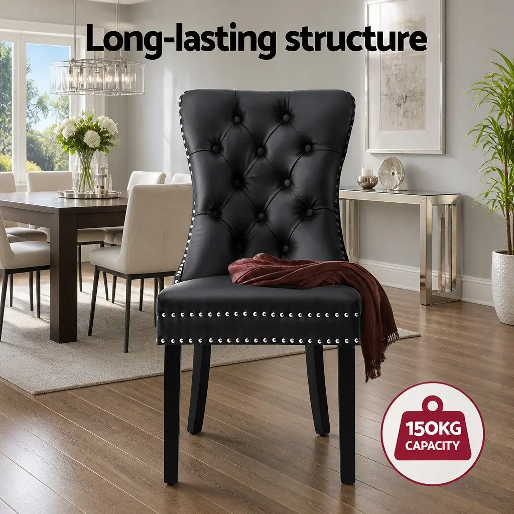 Dining Chairs Black PU Leather Button Tufted 4 Piece Rubberwood