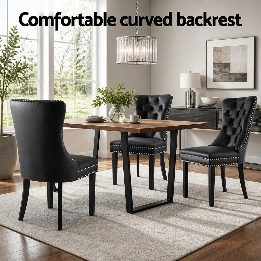 Dining Chairs Black PU Leather Button Tufted 4 Piece Rubberwood