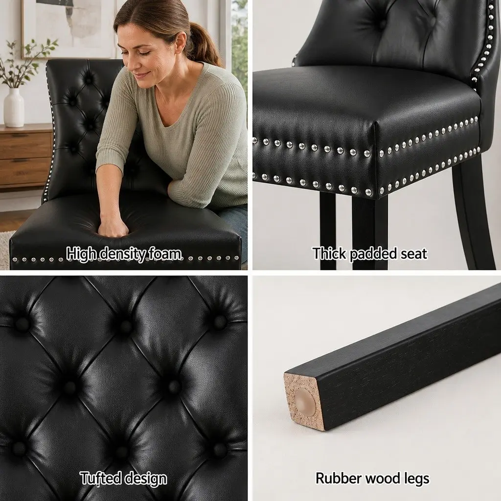 Dining Chairs Black PU Leather Button Tufted 4 Piece Rubberwood