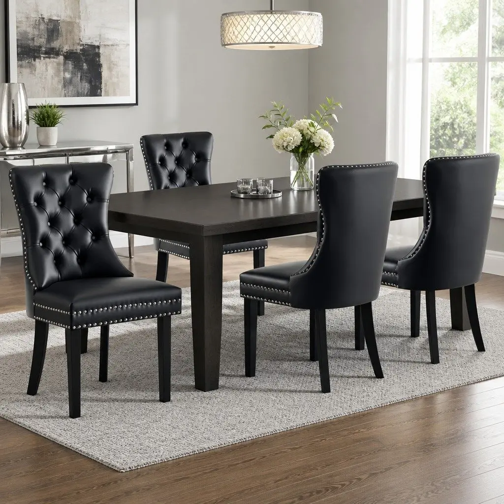 Dining Chairs Black PU Leather Button Tufted 4 Piece Rubberwood