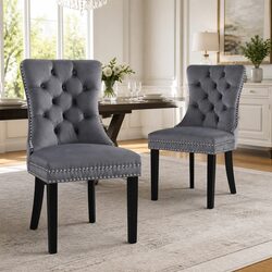 Set of 2 Grey Velvet Upholstered Dining Chairs